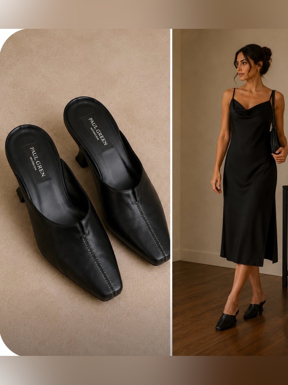 Vintage Paul Green Munchen Black Leather Sculptural Heel Mules Y2K Minimalist 7